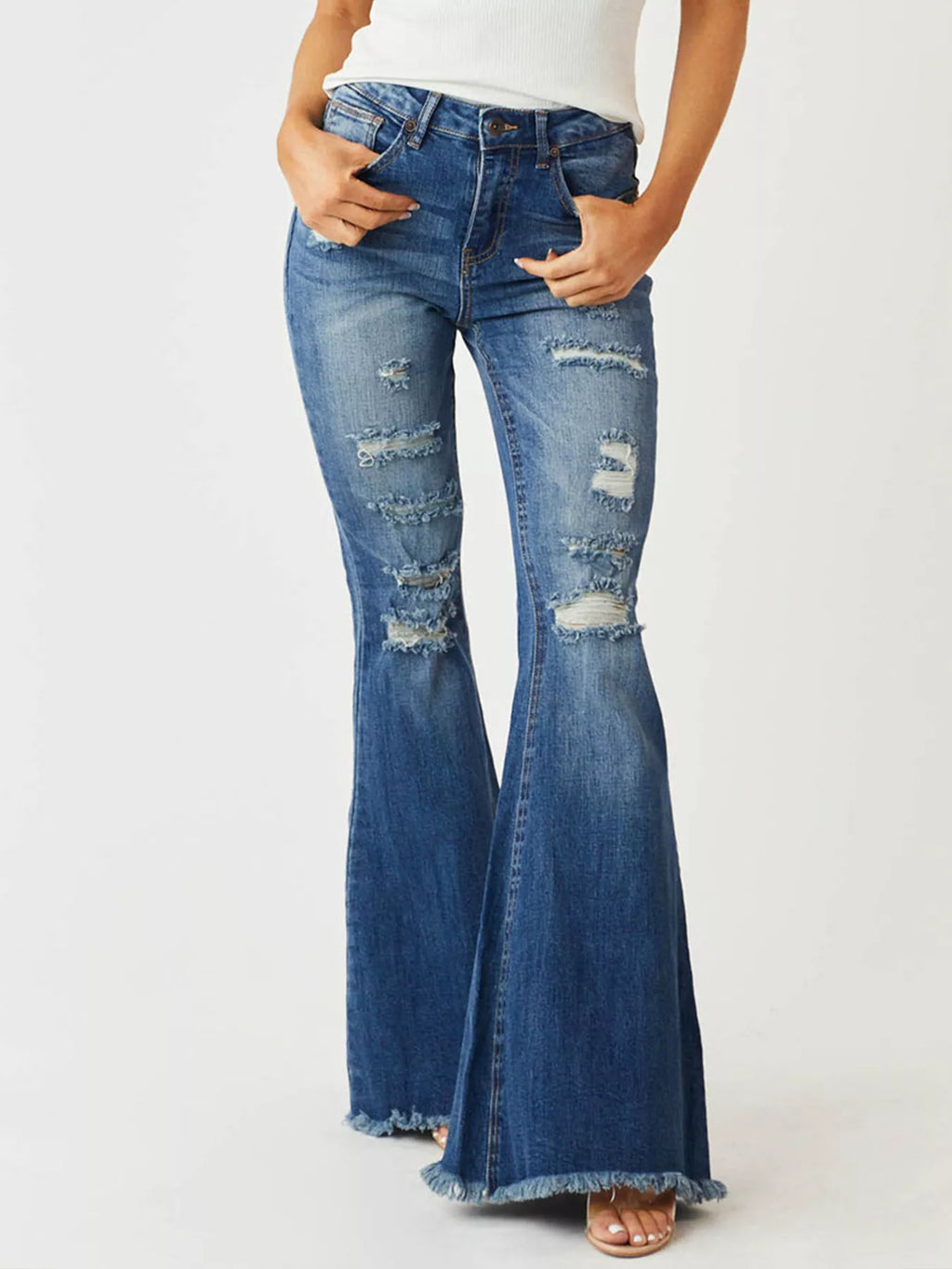 Distressed Raw Hem High-Waisted Flare Jeans