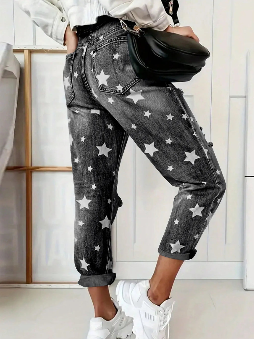 Star Print Distressed High Waist Boyfriend Jeans