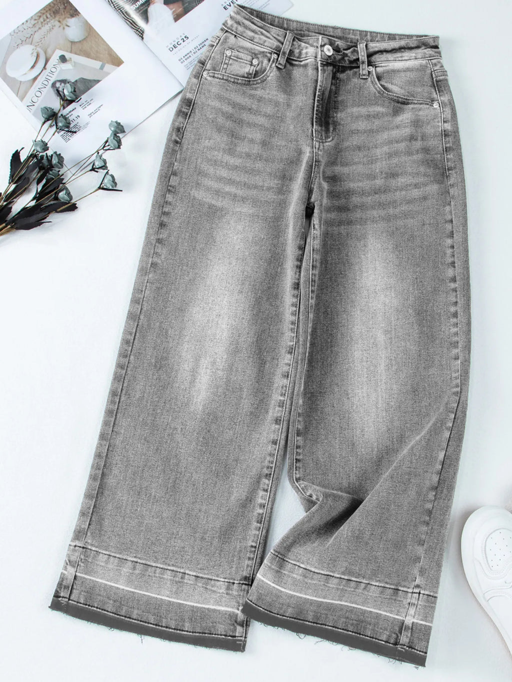 High Waist Wide Leg Washed Jeans