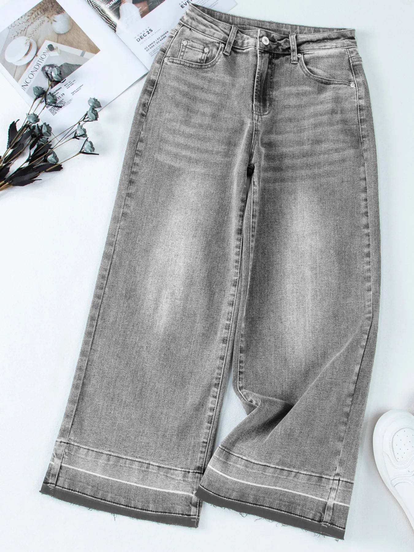 High Waist Wide Leg Washed Jeans