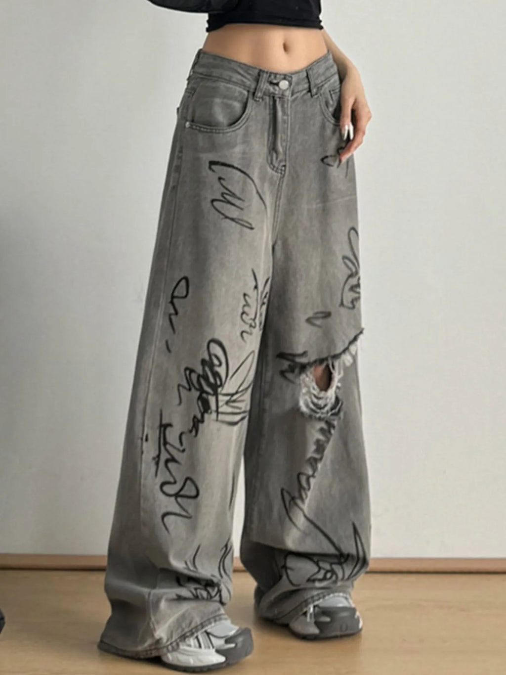 Printed Distressed Wide Leg Jeans