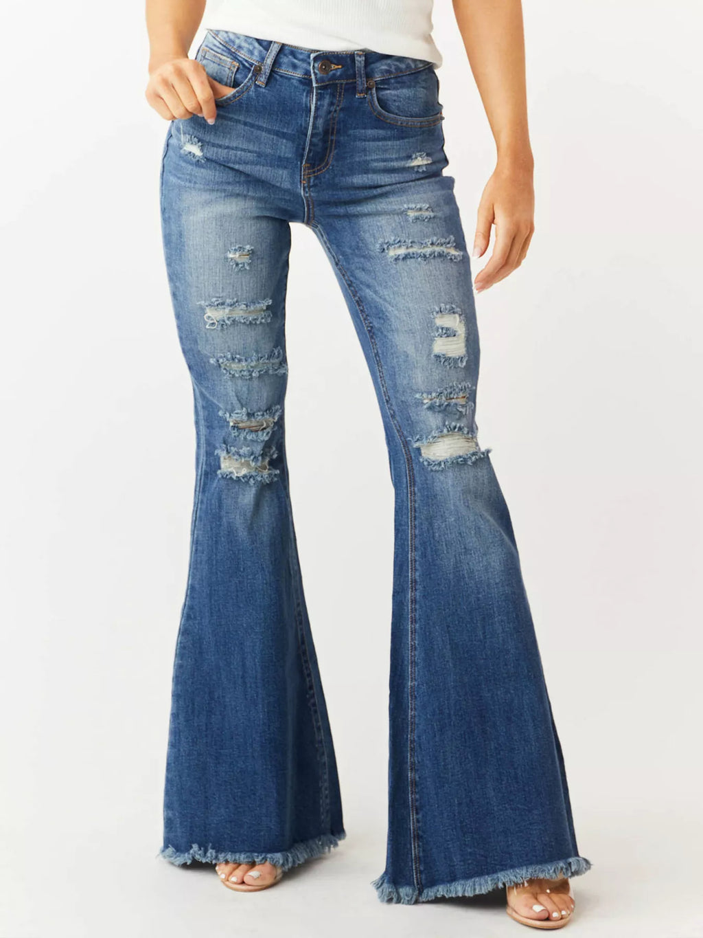 Distressed Raw Hem High-Waisted Flare Jeans