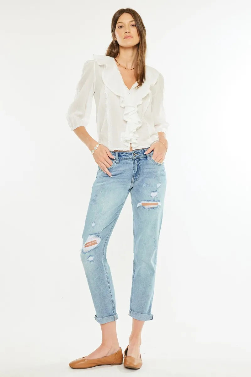 Kancan Mid Rise Distressed Boyfriend Fit Jeans