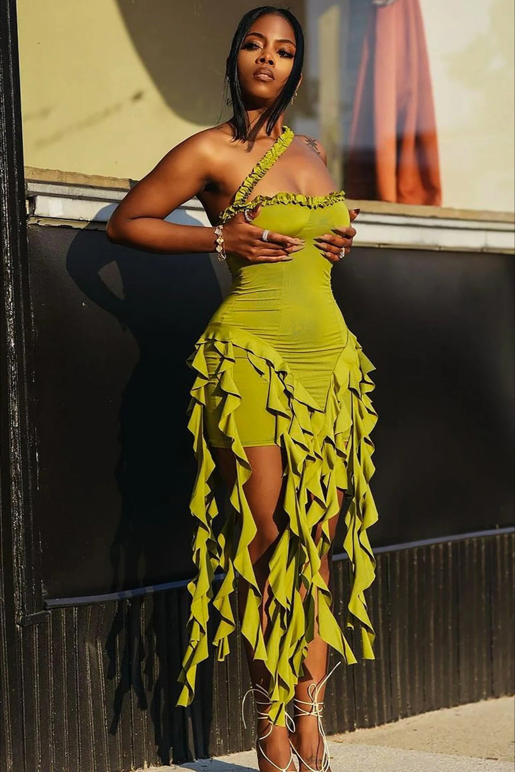 Halter Ruffle Patchwork Mini Dress