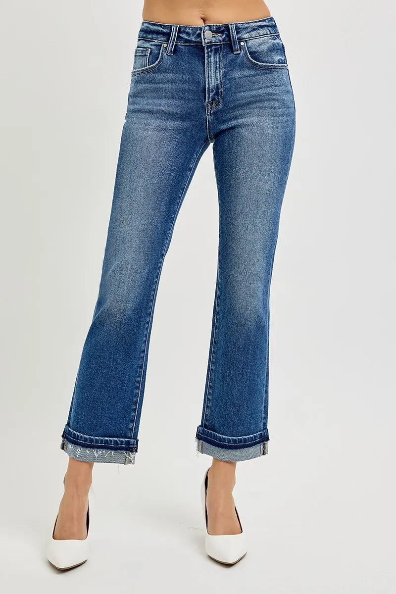 RISEN Mid Rise Ankle Straight Cuffed Jeans