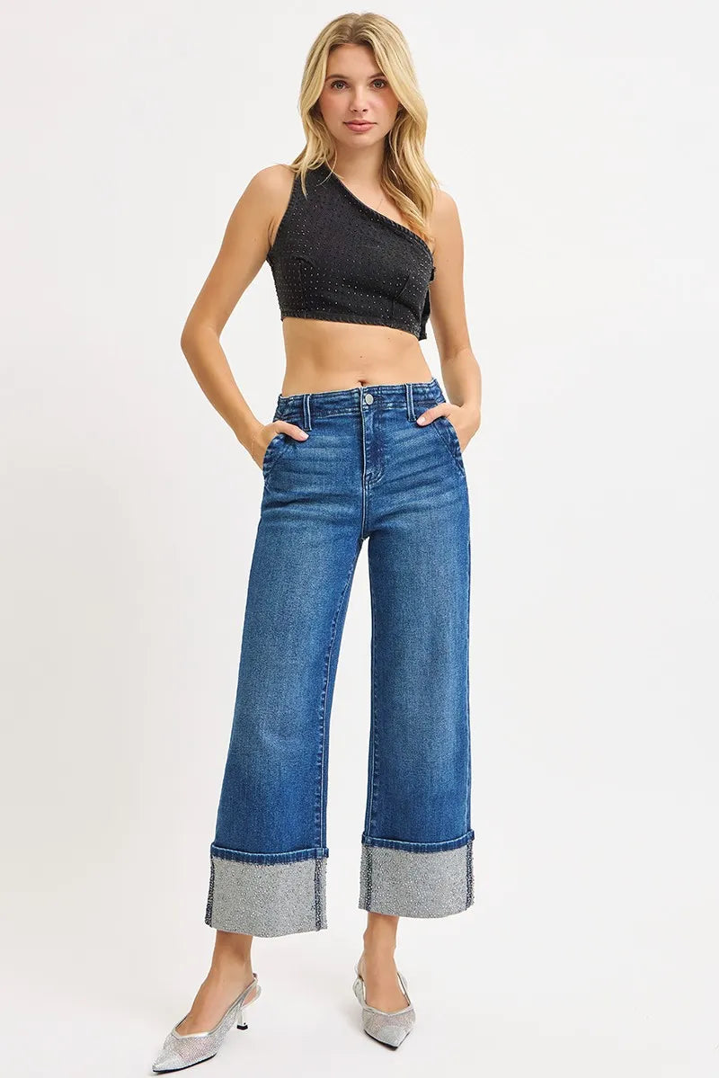 RISEN High Rise Ankle Wide Rhine Stone Cuffed Jeans