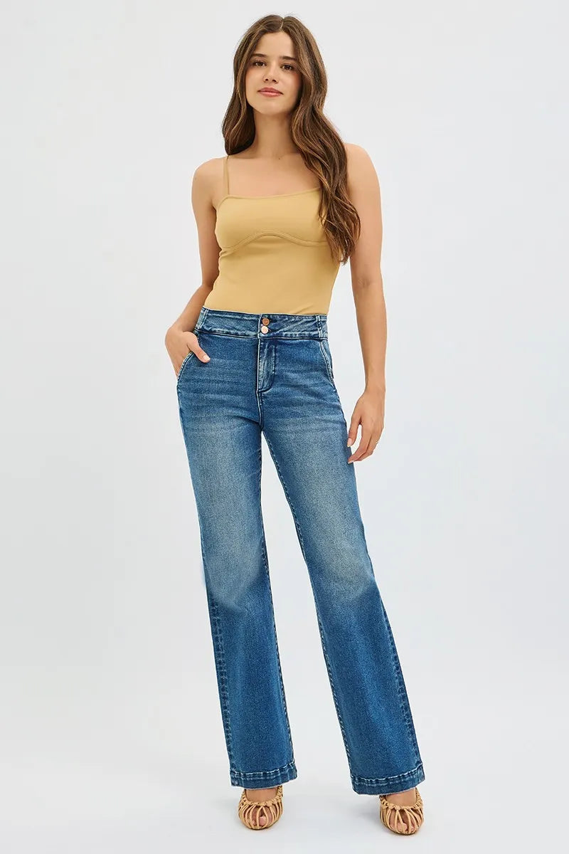 RISEN Full Size Tummy Control High Rise Bootcut Jeans with Double Button Waistband Plus Size