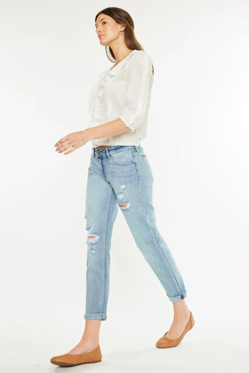 Kancan Mid Rise Distressed Boyfriend Fit Jeans