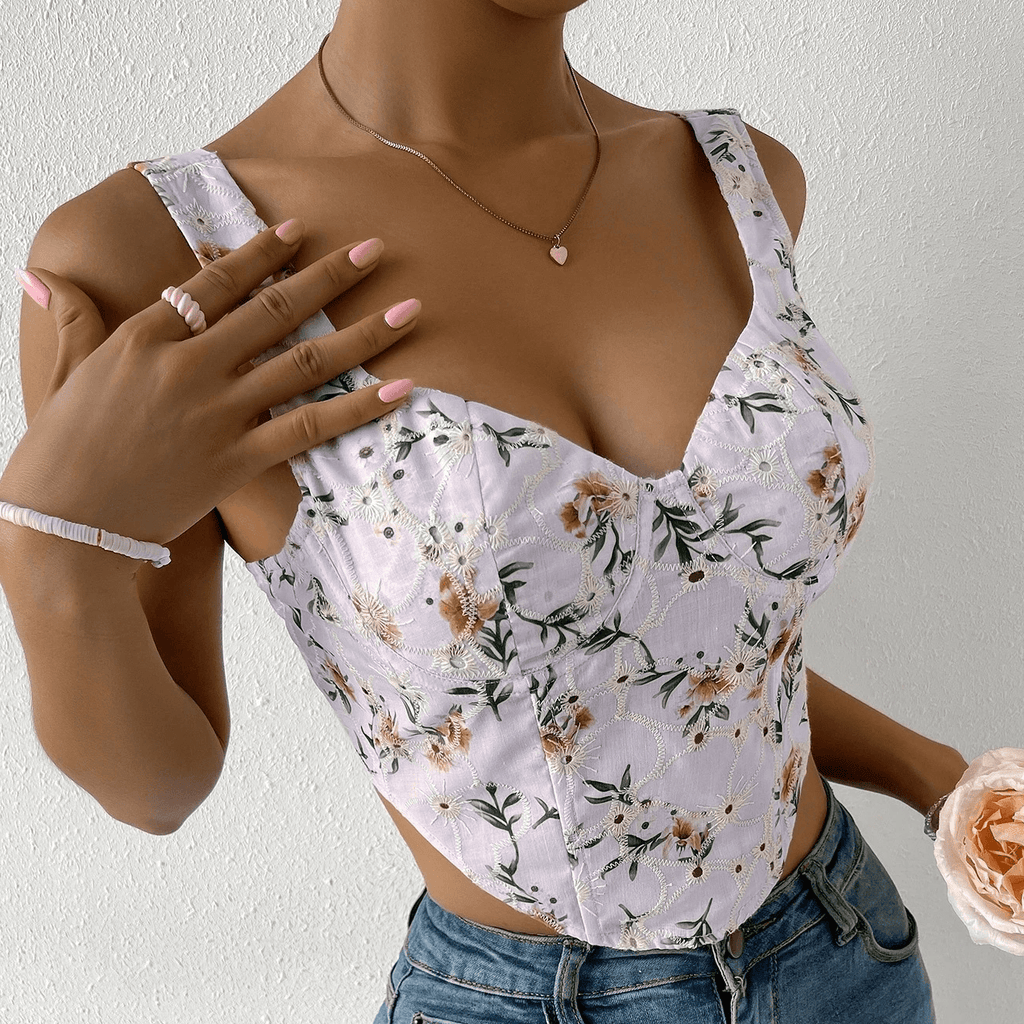 Shirley  Floral Print Eyelet Embroidered Tank Top