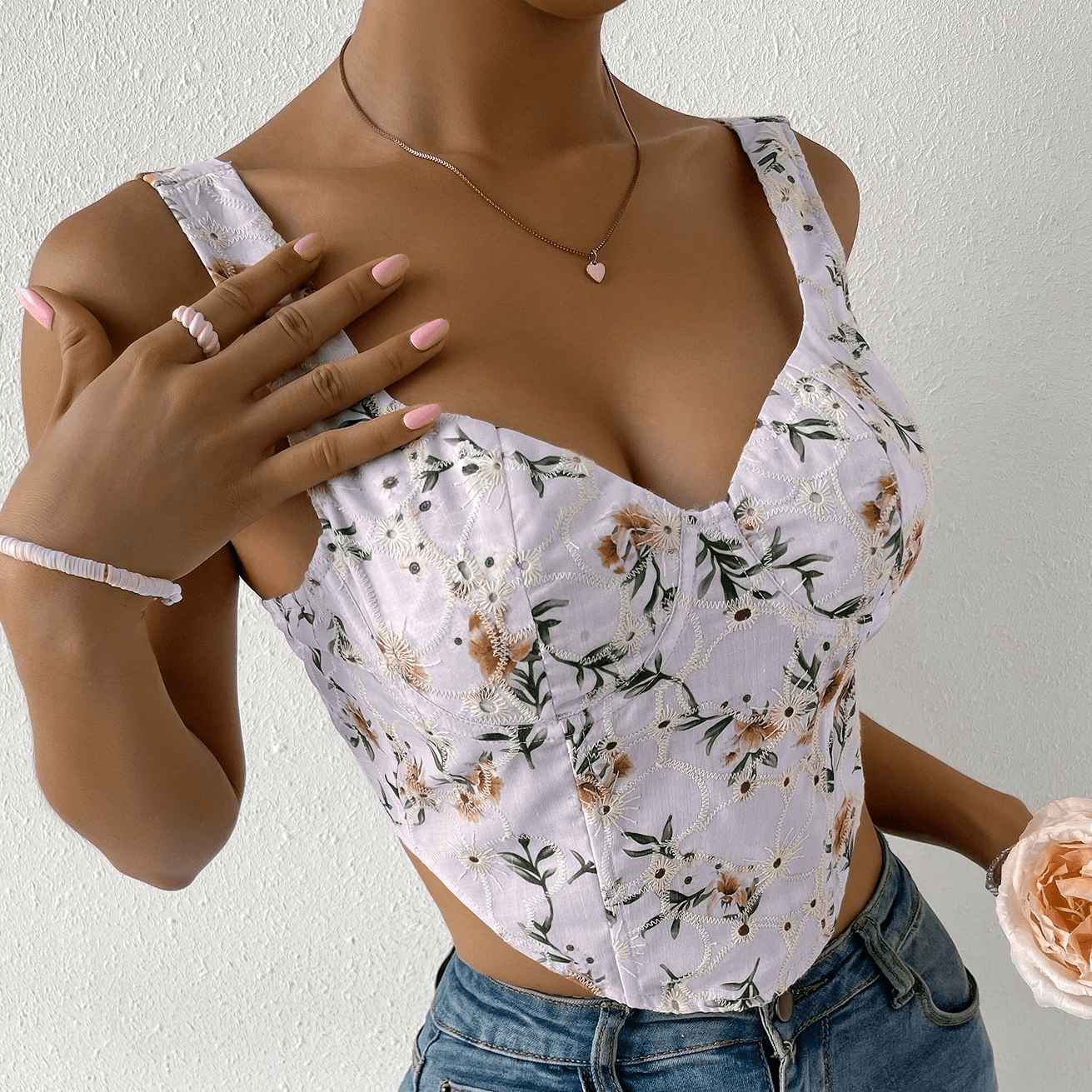 Shirley  Floral Print Eyelet Embroidered Tank Top