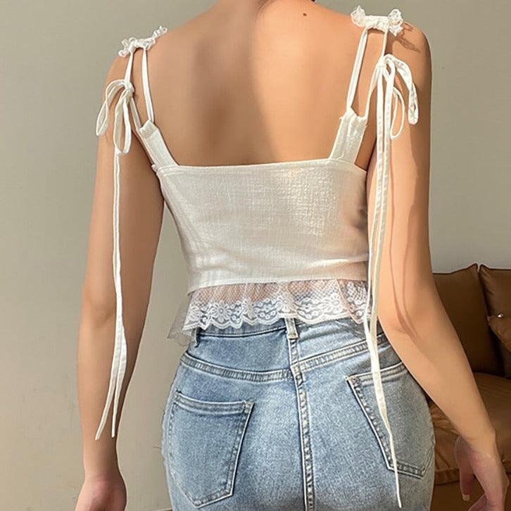 Stefani Lace Trim Tie Closure Top